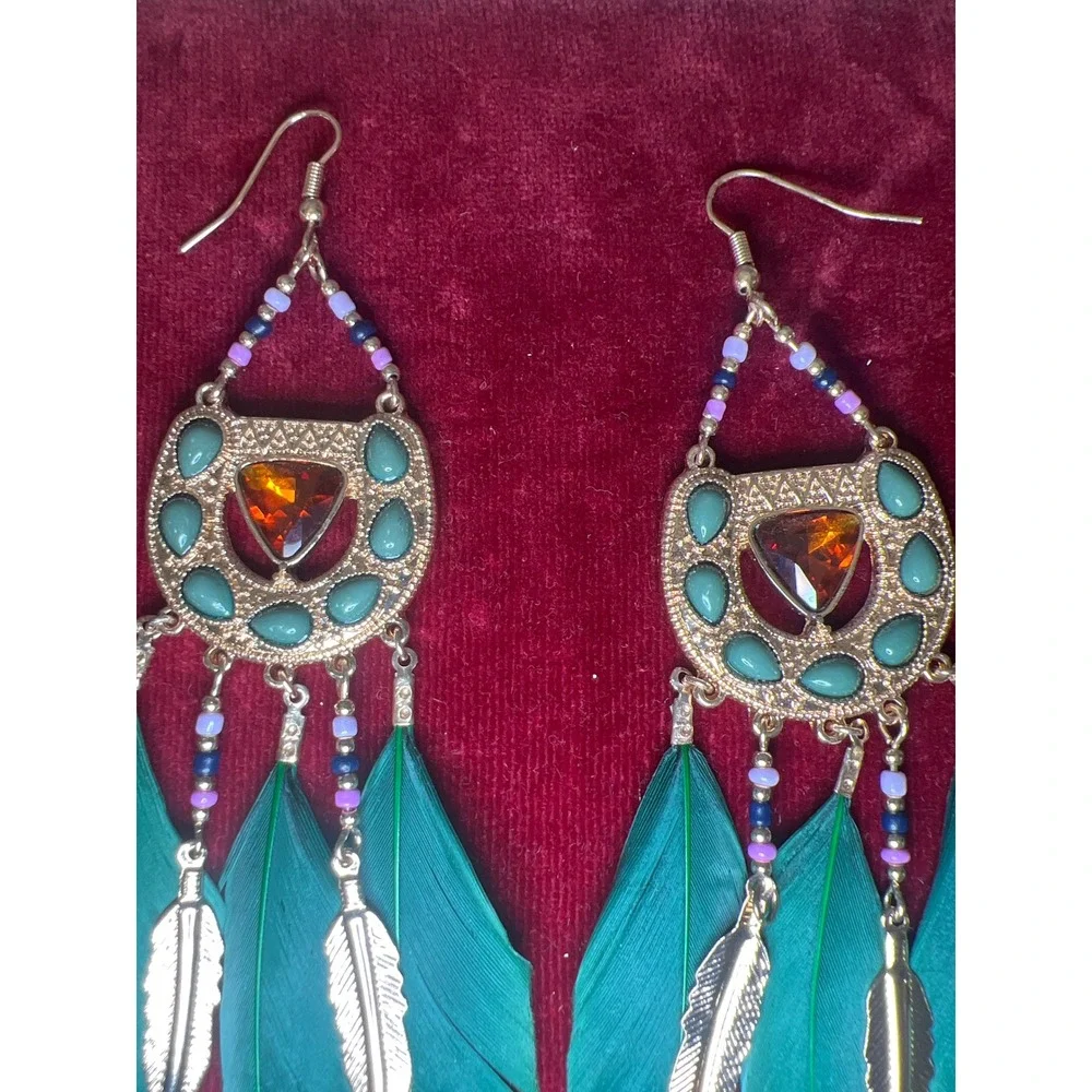 Bohemian Green‎ Feather Dangle Earrings Gold Tone Gemstone Tribal Boho